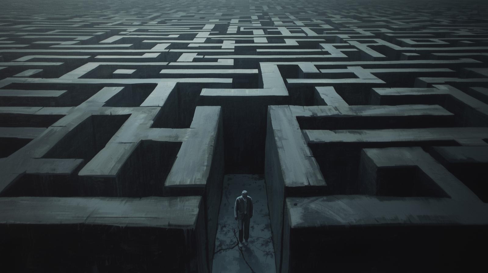 Discouraged man with his back against a maze